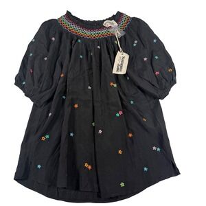 Savanna Jane Black Embroidered Flower Smocked Neck Blouse Boho Womens